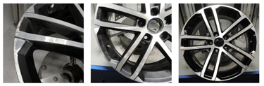 before, during and after of diamond cut alloy wheel refurbishment process 