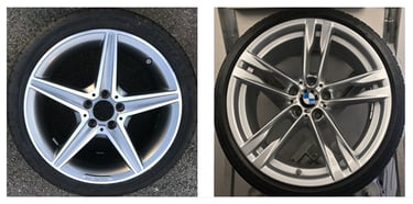Refurbished Mercedes diamond cut alloy wheel and refurbished powder coated BMW alloy wheel at DA Techs